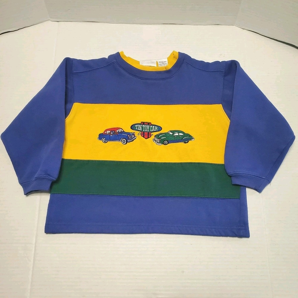 VTG N Kids Colorblock Tin Toy‎ Car Embroidered Sweatshirt Boys 80s 90s M 5-6